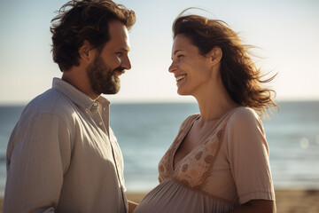 a pregnant woman and man laughing on the beach bokeh style background