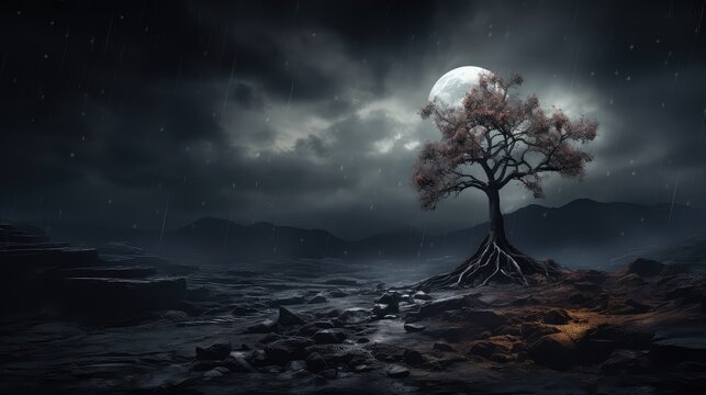 tree scene scenery dark lone illustration sky background, season outdoor, ly park tree scene scenery dark lone