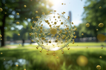 coronavirus spread in the air at public park bokeh style background