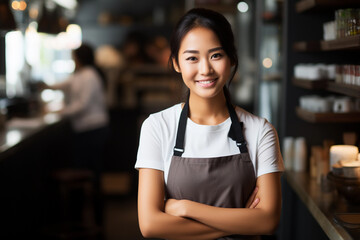 Portrait of asian woman entrepreneur standing confident and wearing apron in her store shop