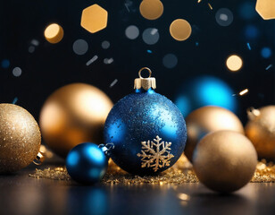 Christmas background for cards, gold stars and confetti on a dark blue background, shiny foil and sparkles, bokeh. Generated AI