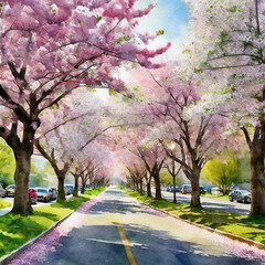 A suburban street lined with cherry blossom trees in full bloom in Washington, D.C., USA, creating a picturesque canopy of pink and white flowers in the spring.