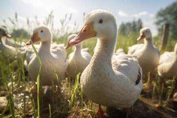 Flock of ducks standing on the farm bokeh style background