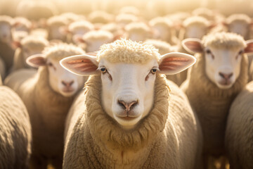 Obraz premium Flock of sheeps standing on the farm bokeh style background