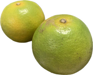 two tangerine, orange fruit with green, on a white background texture, isolation