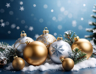 Christmas background for a greeting card, New Year decorations, colorful balls, beautiful holiday background, empty space for text. Generated AI