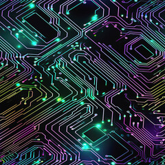 seamless pattern of a microchip circuit with digital electronic technologies for computer and internet on multicolored neon glowing background
