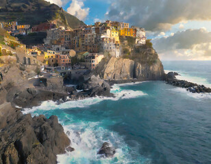 Fototapeta na wymiar A rocky coastal scene during a windy day in Cinque Terre, Italy, with crashing waves, colorful cliffside villages, and the scent of the Mediterranean carried by the breeze.