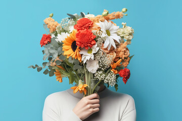 Young woman holding a bouquet of flowers covering her face on blue background.