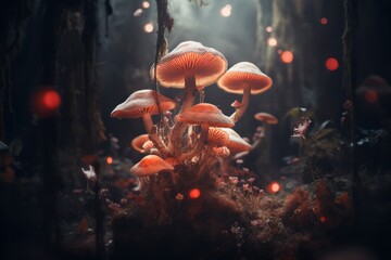 Fototapeta na wymiar Artistic expression of the secret life of mushrooms in the magic forest, fantasy styl