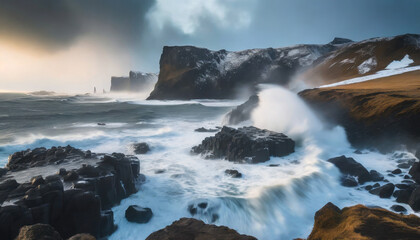 A rocky coastal scene during a winter storm in Iceland, with crashing waves, dramatic cliffs, and the sound of the North Atlantic winds.