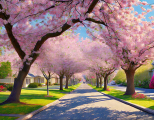 A suburban street lined with cherry blossoms in full bloom in Washington, D.C., USA, creating a...