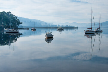 Boats and Harbour with Reflections on the Huon River, Tasmania