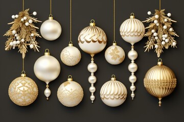Fototapeta premium A set of Christmas balls in white and gold, New Year.