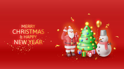 3D Santa Claus with Snowman and Green Christmas Tree. Render Happy New Year Decoration Banner. Merry Christmas Holiday. New Year and Xmas Celebration. Realistic Vector Illustration