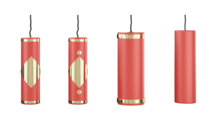 Commemorate the Lunar New Year with our 3D illustration featuring vibrant red firecrackers. Isolated on a transparent background, PNG format.