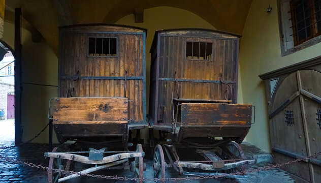 antique renaissance wooden cart with cages
