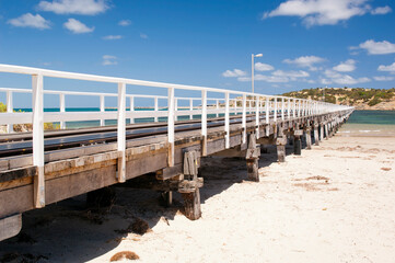 Jetty stretches out to Granite Island, a tourist attraction in Victor Harbor, South Australia