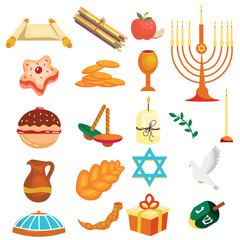 Set of Hanukkah symbols on white background