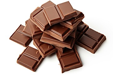 Decadent delights. Pile of tempting dark and milk chocolate barson white background isolated. Sweet indulgence. Stack of gourmet goodness bittersweet. Close up of broken pieces
