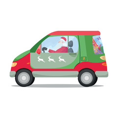 Santa Claus with gifts driving car on white background