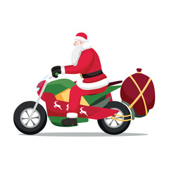 Santa Claus with gifts and motorcycle on white background