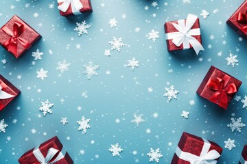 Obraz premium Christmas gifts with ribbons wrapped in wrapping paper are on table. Copy space. Top view. New Year.