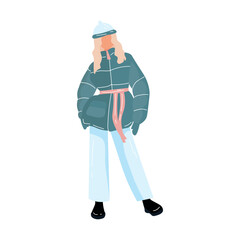 Stylish blonde woman in winter clothes on white background