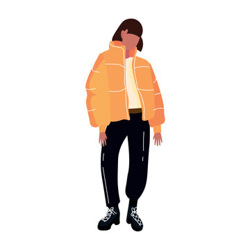 orange puffer jacket woman standing clip art preview