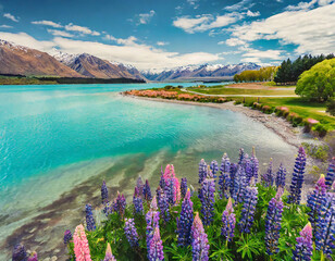 A tranquil lakeside view in spring in Lake Tekapo, New Zealand, where lupins in various hues create a vibrant contrast against the turquoise waters and the Southern Alps. - obrazy, fototapety, plakaty
