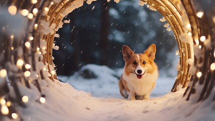 a cheerful dog outside a walk in the morning in the park arches merry Christmas and happy new year greeting card. - obrazy, fototapety, plakaty