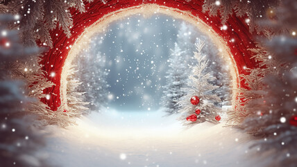 red christmas arch for New Year's gifts with an empty mine space in the winter frosty forest. - obrazy, fototapety, plakaty