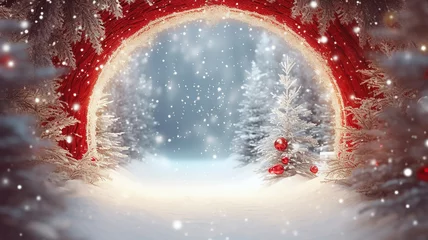 Poster red christmas arch for New Year's gifts with an empty mine space in the winter frosty forest. © kichigin19