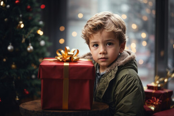 Fototapeta na wymiar a sad kid receives a gift in the new year. On Christmas night, a little boy