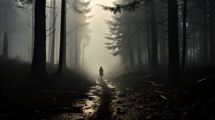 landscape misty path in the forest in the rays of the sun at dawn mysterious view. - obrazy, fototapety, plakaty