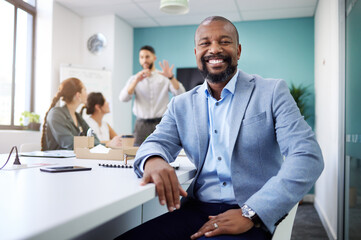 Business, meeting and portrait of happy black man for teamwork, collaboration and discussion. Corporate office, company and face of person with staff for conversation, planning and project feedback - obrazy, fototapety, plakaty
