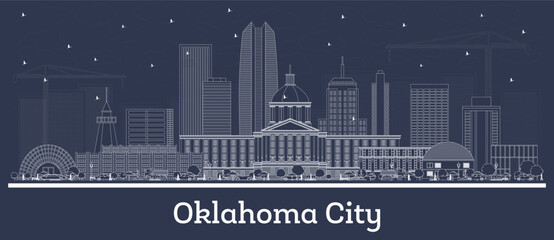 Outline Oklahoma City USA city skyline with white buildings. Business travel and tourism concept with historic architecture. Oklahoma City cityscape with landmarks.