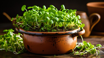 A pot with fresh sorrel microgreens