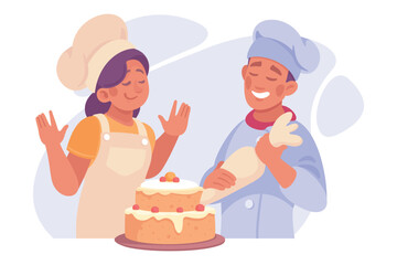 Man and Woman Cook or Chef Character in Uniform Decorate Cake Cooking Meal Vector Illustration