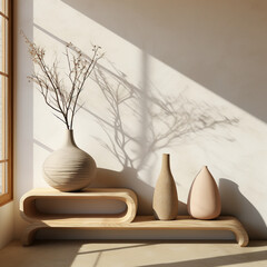 Ceramic vases with blooming branches on shelf in room,Generative AI