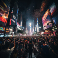 Crowds of people in Times Square at night. Times Square is a major tourist attraction in New York City,Generative AI - obrazy, fototapety, plakaty
