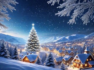 Ilustración de un árbol de navidad gigante en un ciudad nevada