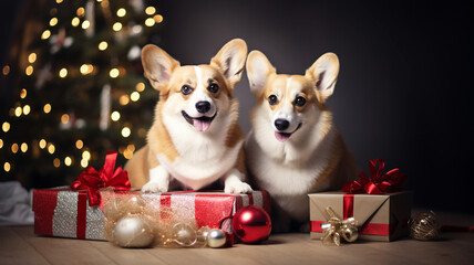 Corgis with wrapped Christmas presents