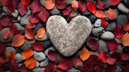 Obraz premium A heart-shaped stone amid smooth pebbles with scattered red leaves