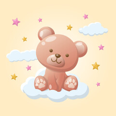 vector cute teddy bear doll on cloud with star for baby boy girl illustration