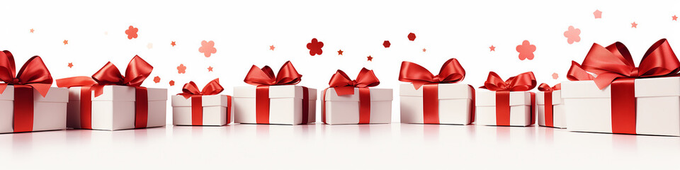 a long frame of white gift boxes tied with red ribbons isolated against the background of a discount sale.