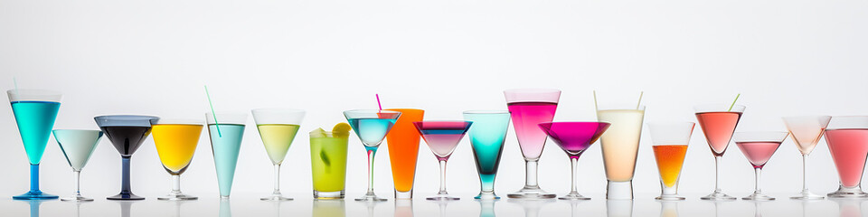 a row of multicolored cocktails isolated on a white background. - obrazy, fototapety, plakaty