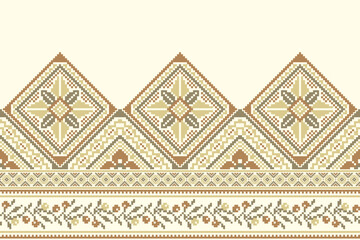 flower embroidery on cream background. ikat and cross stitch geometric seamless pattern ethnic oriental traditional. Aztec style illustration design for carpet, wallpaper, clothing, wrapping, batik.