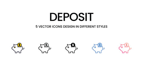 Deposit Icon Design in Five style with Editable Stroke. Line, Solid, Flat Line, Duo Tone Color, and Color Gradient Line. Suitable for Web Page, Mobile App, UI, UX and GUI design.