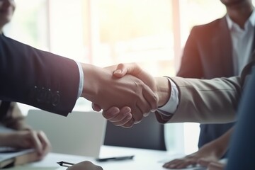 Photo of a Meeting, partnership and business people shaking hands in the office for a deal, collaboration or onboarding - obrazy, fototapety, plakaty